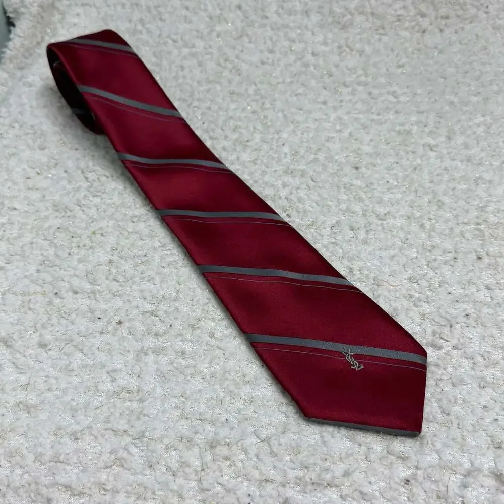 Yves Saint Laurent YSL Vintage Men's Burgundy & Grey Striped Silk Necktie Tie